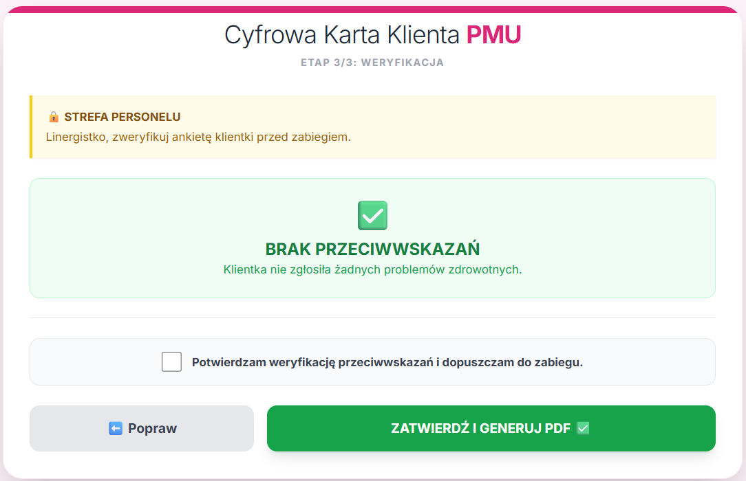 Widok weryfikacji w aplikacji ProstaZgoda